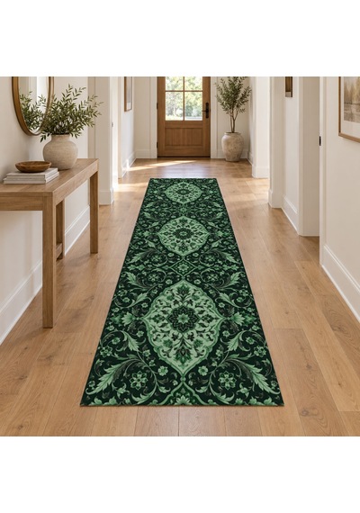 Kartela Halı İmparatorluk Gecesi Yeşil Krem Koridor Mutfak Yolluk Halısı Kaymaz Taban 60x180 Cm