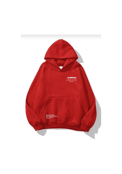 Unisex Happiest Baskılı Oversize Kapşonlu Sweatshirt Kırmızı