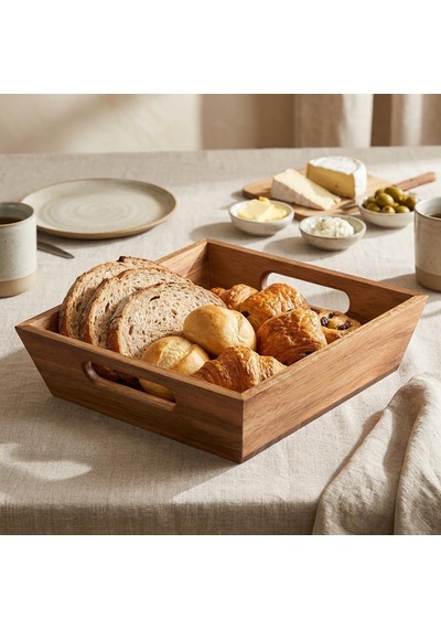 Lexroo Akasya Ekmek Sepeti 20 X 20 Cm, Kulplu Ahşap Ekmeklik, Kare Kahvaltı Ve Sunum Sepeti, Poğaça Çok Renkli