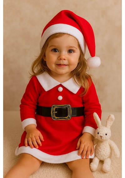 Kız Çocuk Yılbaşı Noel Temalı Kemerli Elbise Şapka Takımı Kırmızı