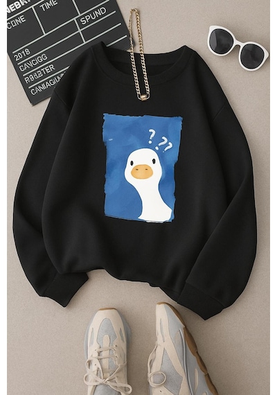 Benroma 3 İplik Penye Ördek Baskılı Unisex Sweatshırt SIYAH