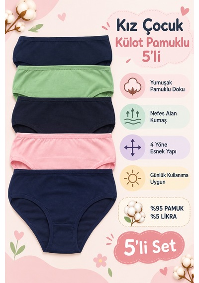 Nicoletta Kız Çocuk Külot 5 Li Paket Pamuklu Likralı - Cleve Çok Renkli