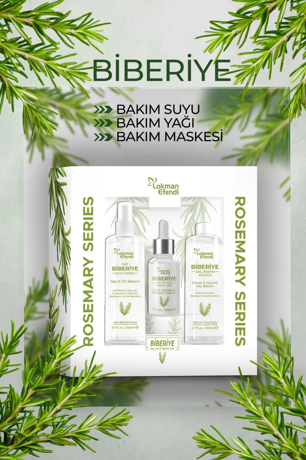 Lokman Efendi Biberiye Saç Bakım Seti 3'lü Saç Serumu + Saç Maskesi + Biberiye Suyu