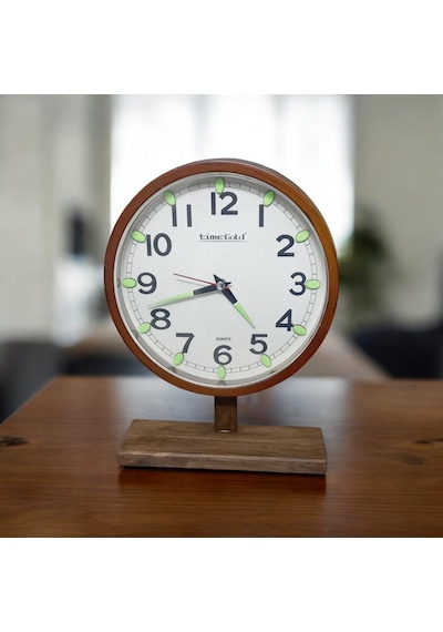 Time Gold Fosforlu Eskitme Ahşap Ayaklı Plastik Gövdeli Masa Saati Sessiz Akar Saniye Eskitme