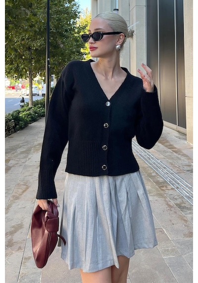 Madmext Siyah Düğmeli Fitil Detaylı Triko Hırka Mg2199 Siyah