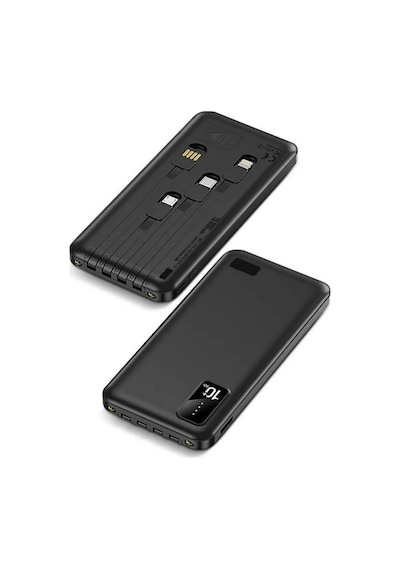10.000 Mah Powerbank Dahili Çoklu Kablolu Taşınabilir Şarj Aleti Led Işıklı Güç Bankası Siyah