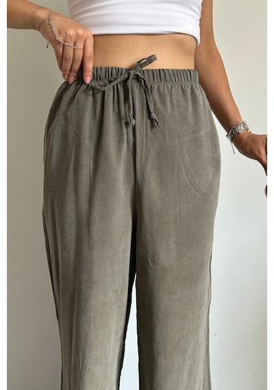 Feela Moda 2008 Bağcıklı Beli Lastikli Yıkamalı Modal Dokuma Palazzo Kadın Pantolon Haki