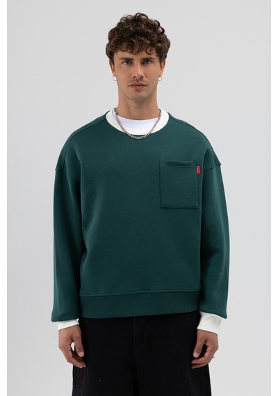 Vamos Bisiklet Yaka Cep Detaylı Oversize Sweatshirt Nefti