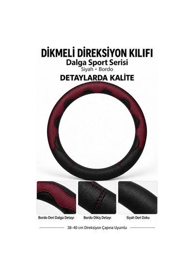 Trobus Ford Fiesta 2018-2023 Uyumlu Dikmeli Direksiyon Kılıfı Dalga Sport Deri Siyah Bordo Siyah - Bordo