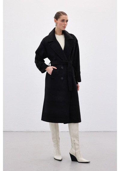 Sateen Beli Bağlamalı Uzun Kaban - Siyah-136629 Siyah