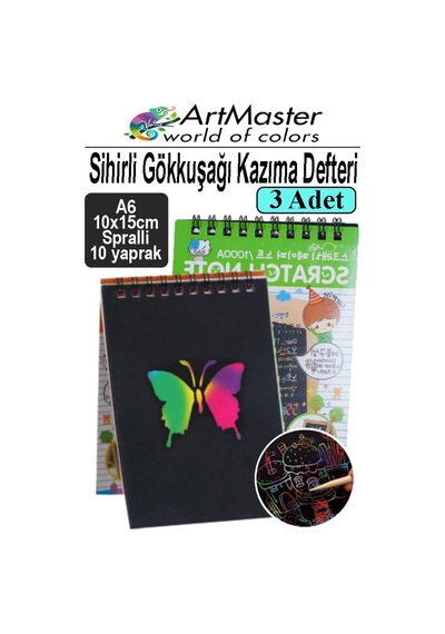 Gökkuşağı Kazıma Defteri Sihirli A6 10x15 Cm 3 Paket 10 Sayfa Spiralli Scratch Note Spralli Siyah Sihirli Resim Defteri Siyah
