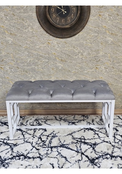 Zafir Beyaz Boyalı İçi Kareli Diktörtgen 100 Cm X 40 Cm Oturak Puf - Bench - Makyaj Oturağı - Oturak Gri