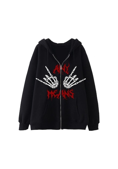Tarzsokak Karanlık Gotik El Kemik Baskılı Fermuarlı Hoodie 14536 Siyah