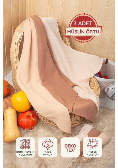 3'lü Çok Amaçlı Müslin Bez, Örtü, Battaniye Seti Unisex Renkli %100 Pamuk - 75x75 Cm - Ztc100