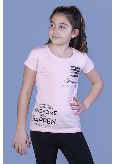 Toontoy Kids Toontoy Kız Çocuk T-shirt Göğsü Lazer Kesim Taşlı Pudra