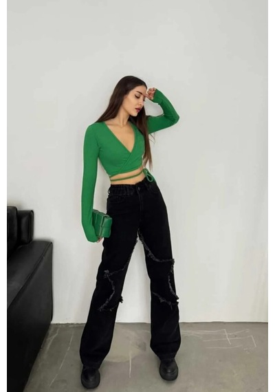 Kene Jeans Yüksek Bel Bacak Yıldızlı Bol Paça Jeans Siyah