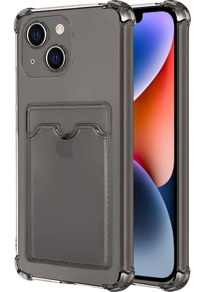 Apple Uyumlu iPhone 13 Mini Kılıf Darbe Emici Köşe Korumalı Kartlıklı Cüzdanlı Silikon Kapak - Füme