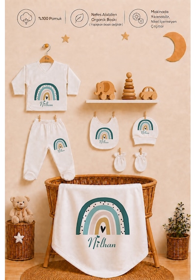 Pia Baby Kişiye Özel Erkek Bebek Zıbın Set 6 Parça %100 Pamuk İsimli Organik Baskılı Battaniyeli 1095bz3x Krem