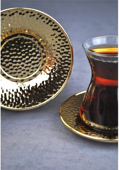 Qualitev 6 Adet Metal Çay Tabağı Dövme Desenli Çay Tabak 10 Cm Altın