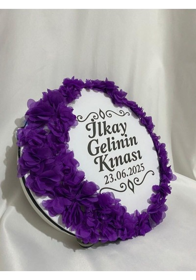 Gelin Tefi 30cm, İsim Ve Tarih Yazılı Yarım Ay Ve Kenar Süslemeli Tasarlanmış Kına Tefi Mor