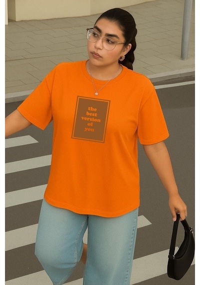 Büyük Beden The Best Baskılı Unisex Tişört Turuncu