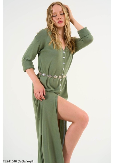 Butik Belvita Düz Düğmeli Elbise Yeşil