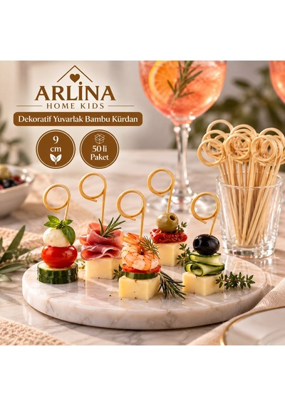 Dekoratif Yuvarlak Bambu Kürdan 9 Cm 50'li Paket