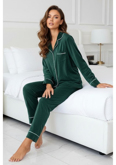 Kadın Kadife Boydan Düğmeli Şerit Detaylı 2'li Pijama Takım ZÜMRÜT