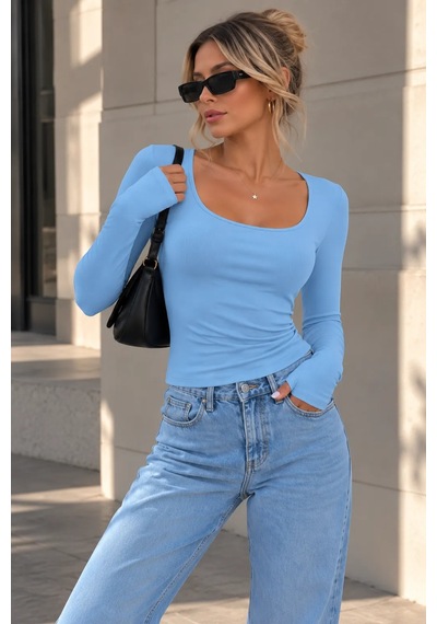 Bb Butik Basic Kadın Soft Touch Parmak Geçmeli Kare Yaka Body Mdk37 Bebe Mavi