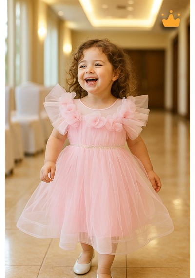 Babyhola 2-8 Yaş Gül Yakalı Grenli Kabarık Tül Kız Bebek Çocuk Abiye Elbise Bayramlık Gelinlik 3502 Pudra