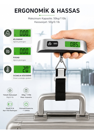 Dijital Bavul Tartısı 50 Kg Kapasiteli 50 Gr Hassasiyetli Lcd Ekranlı Taşınabilir Elektronik Bagaj Valiz Tartısı