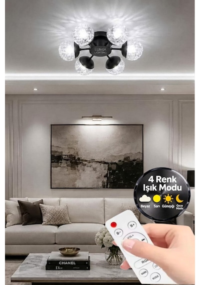 LumiaLighting Küre Model Siyah 6"lı Ledli 3 Renk Modu Kristal Salon Mutfak Yatak Çocuk Odası Avize