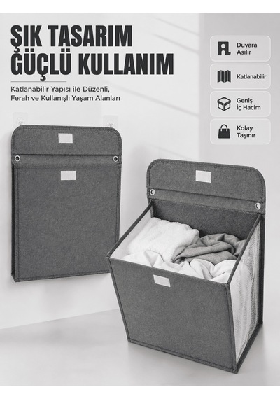 Duvara Asılabilir Katlanabilir Kirli Çamaşır Sepeti Geniş Hacimli Düzenleyici
