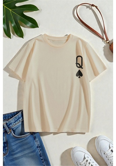 Uyguntarz Unisex Q Maça Kızı Baskılı Tasarım Tshirt Bej