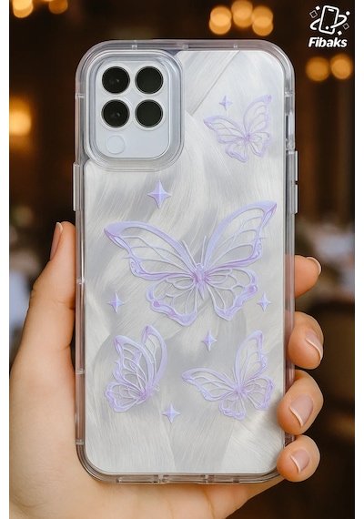 Fibaks Galaxy A12/m12 Uyumlu Kılıf Sök Tak Kamera Korumalı Parlak Hologramlı Kelebek Desenli Darbe Emici Silikon