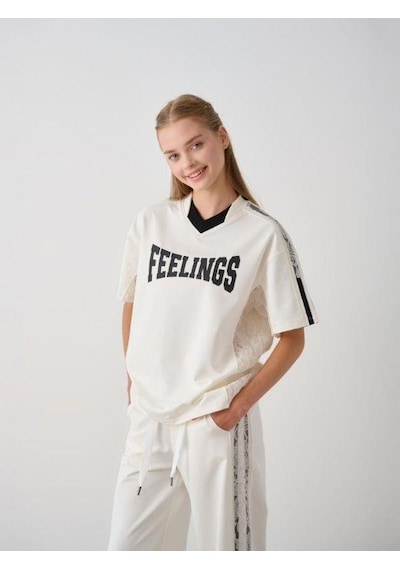 Zekids Kız Çocuk Feelings Baskılı Tshirt Pantolon Tasarım Takım-15516 Ekru