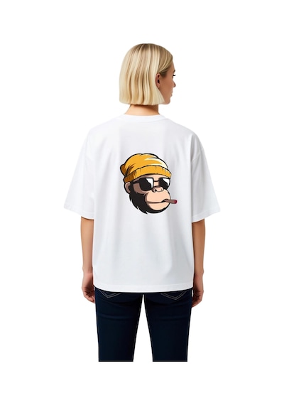 Paybuy Maymun Kaykay Kültürü Sanat Baskılı Kadın Oversize Tişört Beyaz