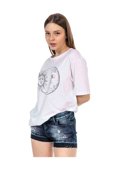 Kadın Oversize Moon & Sun Baskılı Tshirt (534304766)