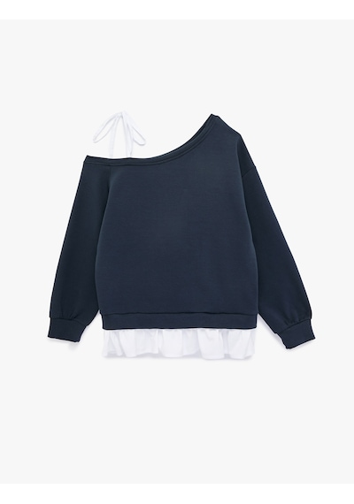 Koton Fiyonk Detaylı Pamuklu Uzun Kollu Asimetrik Yaka Baskılı Sweatshirt Lacivert 6sal10379ık