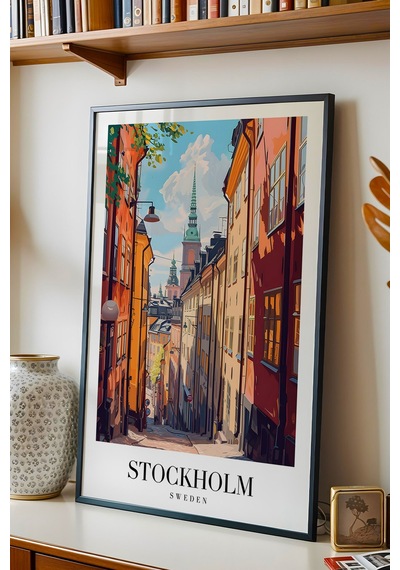 Stockholm Sweden Vintage Seyahat Posteri Çerçeveli Tablo - Premium Gamla Stan Elit Duvar Dekoru Siyah