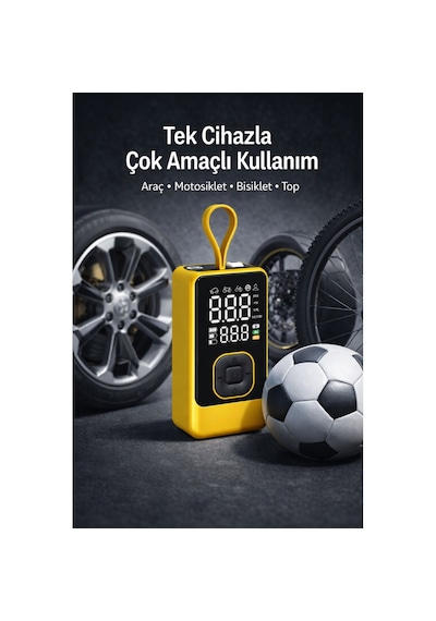 Taşınabilir Hava Pompası Dijital Ekranlı Led Işıklı Type-c Şarjlı Araç Bisiklet Top Lastik Şişirme Kompresörü Sarı