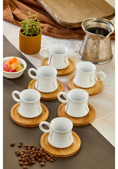 Bambu Altlık Ve Fincan Seti Modern Tasarım Beyaz
