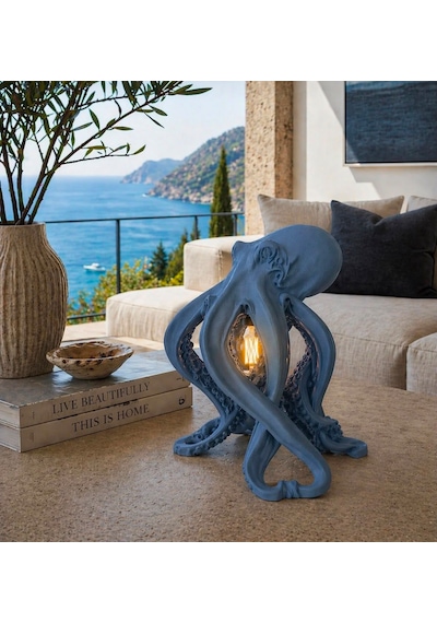 3dlab Luxury Ahtapot Masa Lambası Dekoratif Tasarım Abajur Rustik Ampullü Premium Ev Dekoru Mavi