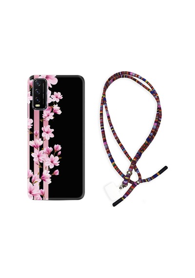 Vivo Y20 Kılıf Rasta Boyun Askılı Pink Flowers 3 1393