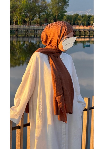 Qalortex Scarf Premium Pamuklu Jakar Şal-kremit kiremit