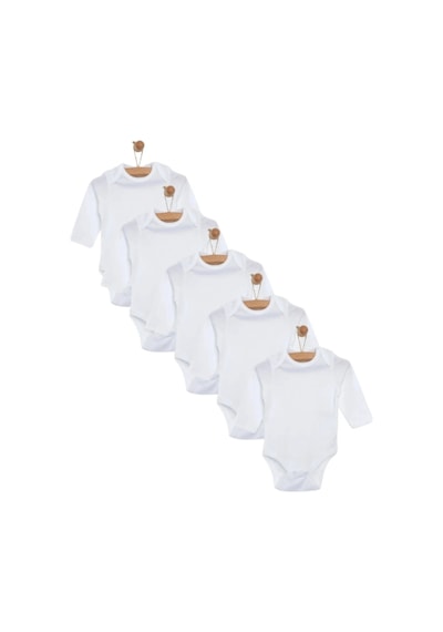 Mixibaby Mixi Baby Pamuklu Çıtçıtlı Bebek Body Bisiklet Yaka 5'li Set Uzun Kol Beyaz