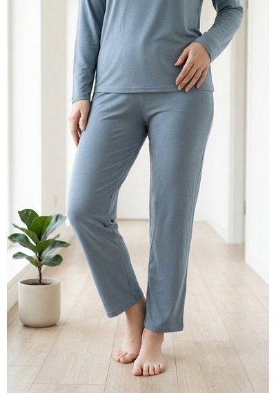 Aura Collections Kadın Dantelli Bambu Viskon Uzun Kollu Mevsimlik Soft Örme Pijama Takımı Turkuaz