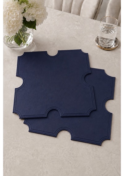 Nakışlı Deri Amerikan Servis 2'li Set Çift Taraflı Kare Supla 45x45 Cm Otis Lacivert