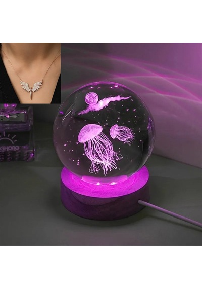 Işıklı Ahşap Kaideli Deniz Anası Temalı Cam Küre 8cm 6cm Ve Melek Kolye