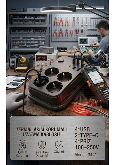 Akım Korumalı 4 Lü Priz 2x Usb-c 4x Usb-a Şarj 2m Kablo Uzatma Çocuk Korumalı Çoklu Priz 2 M
